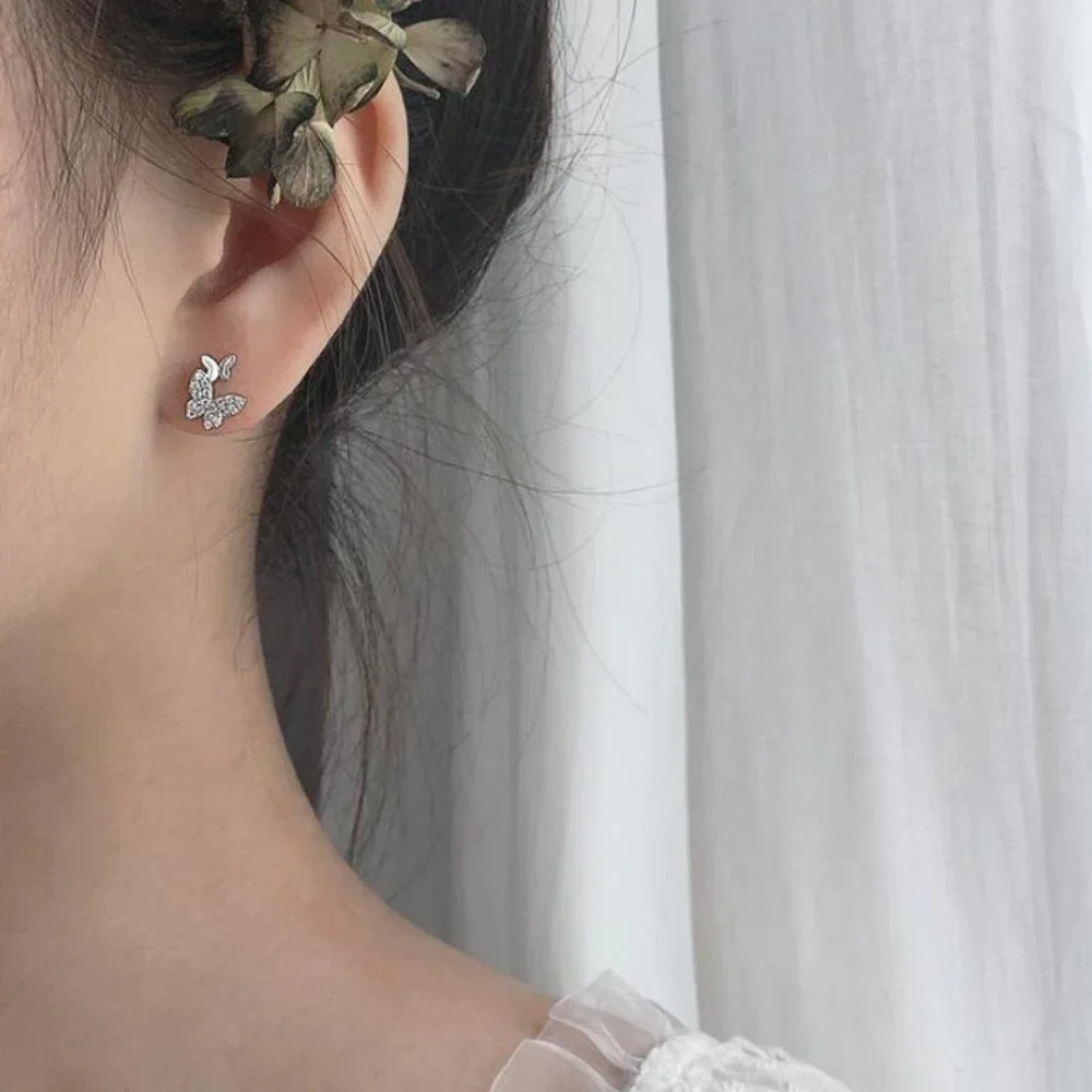 New 925 Sterling Silver Diamond Butterfly Earrings